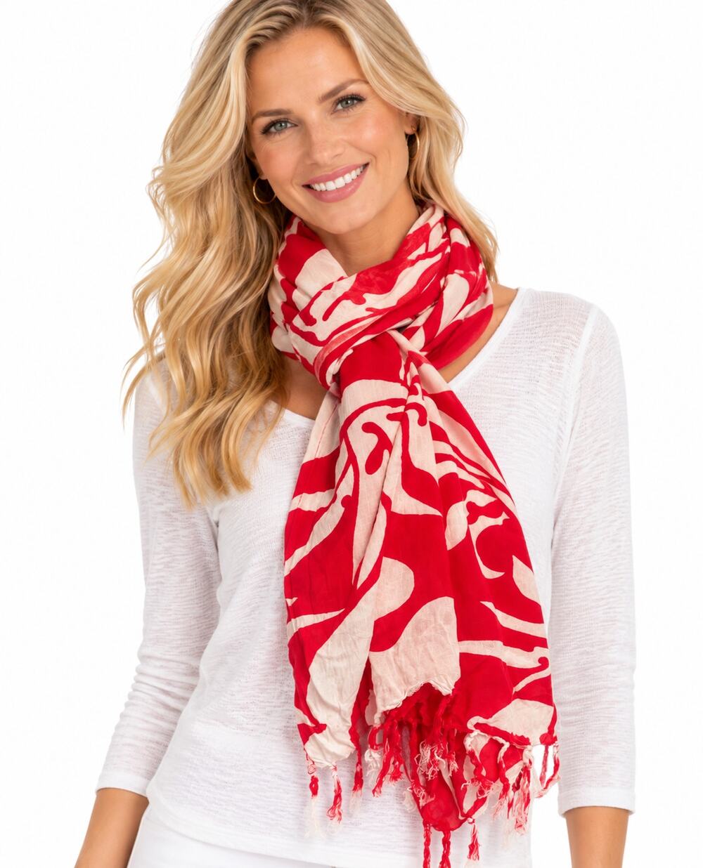 Dancing Gecko Hawaii Tropical Scarf Womens Red White Rectangle Fringed Aloha